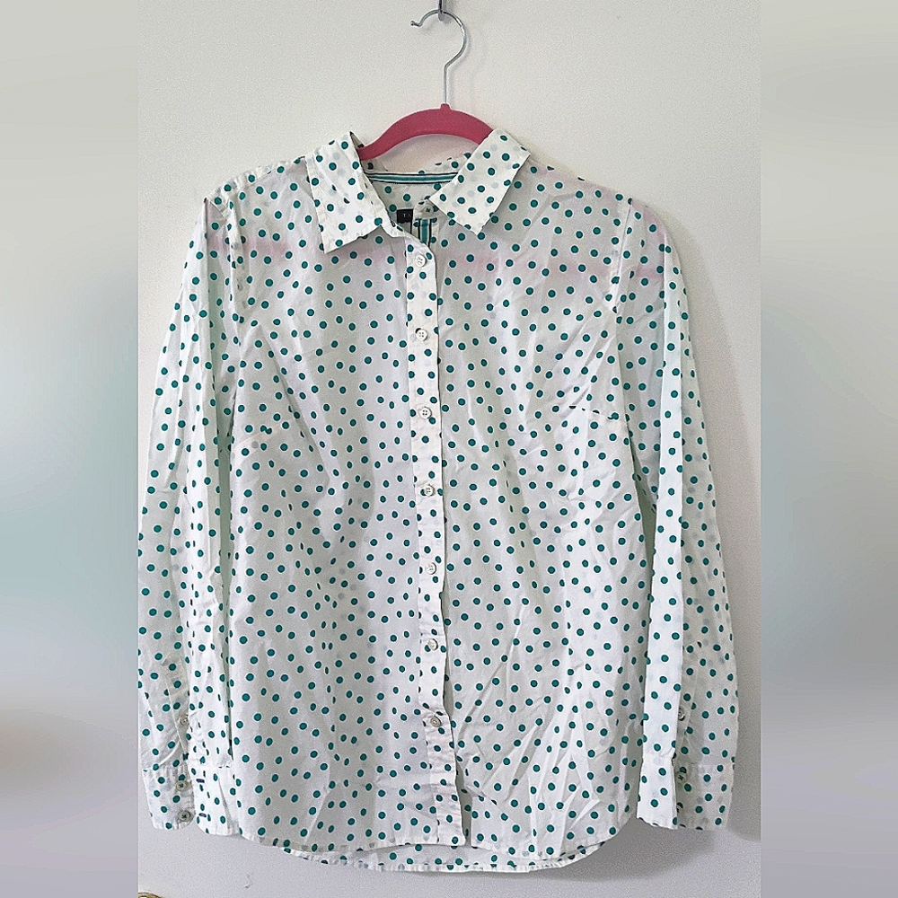 Talbots Size M Green And White Polka Dot Long Sleeve Lightweight Oxford Shirt